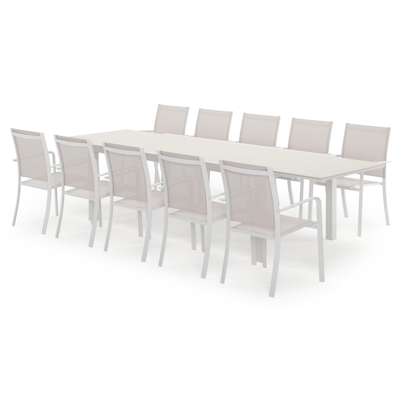 Calobra rechthoekige uitschuifbare tuinset in wit aluminium en sintered stone crema minerale met 10 Calobra tuinstoelen