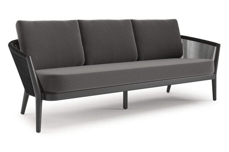 Orso loungebank in zwart aluminium en zwart verticaal geweven ronde rope met Natte Charcoal Chine all weather sunbrella® luxe kussen