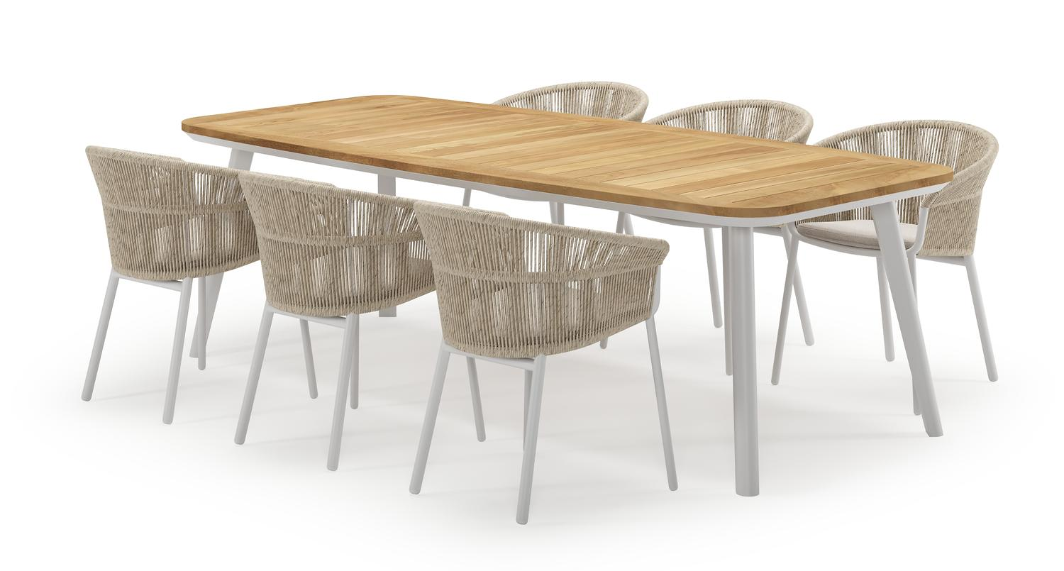 Mosa ensemble de jardin forme de bateau en aluminium blanc en teck natural finish avec 6 chaises de jardin Matera