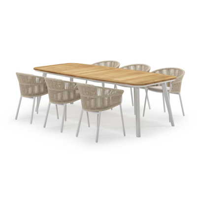 Mosa bootvormige tuinset in wit aluminium en teak natural finish met 6 Matera tuinstoelen