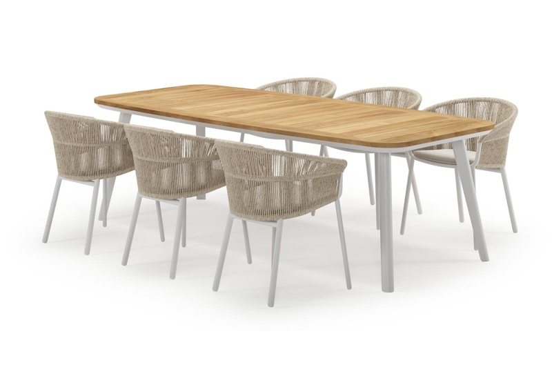 Mosa bootvormige tuinset in wit aluminium en teak natural finish met 6 Matera tuinstoelen