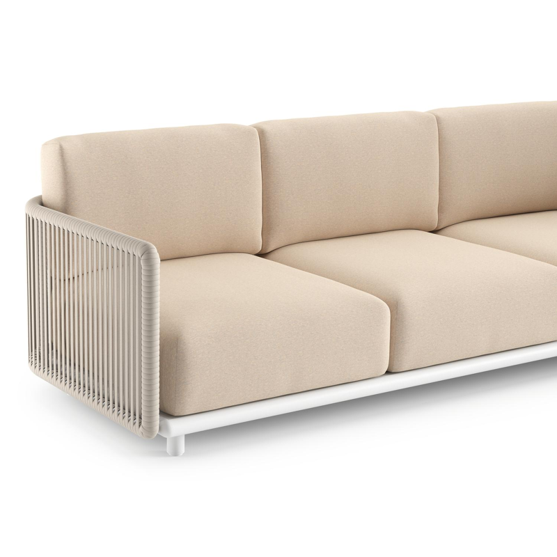 Organo loungehoek in wit aluminium en beige verticaal geweven luxe vlakke rope met heritage papyrus all weather Sunbrella® luxe kussen