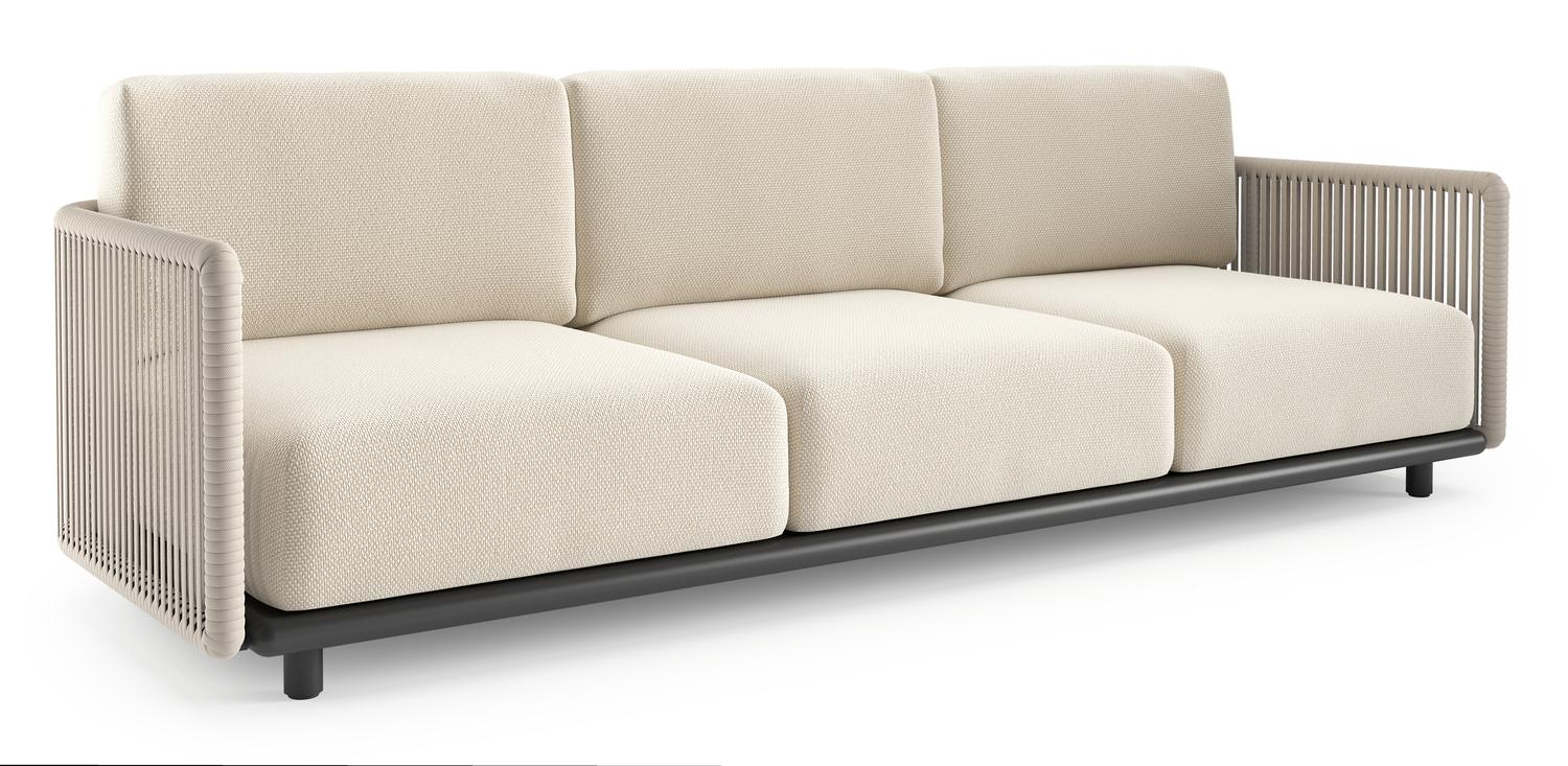 Canapé de jardin Organo en aluminium noir et corde luxe plate tissée verticalement beige et coussin en all weather Cosytica althea off white