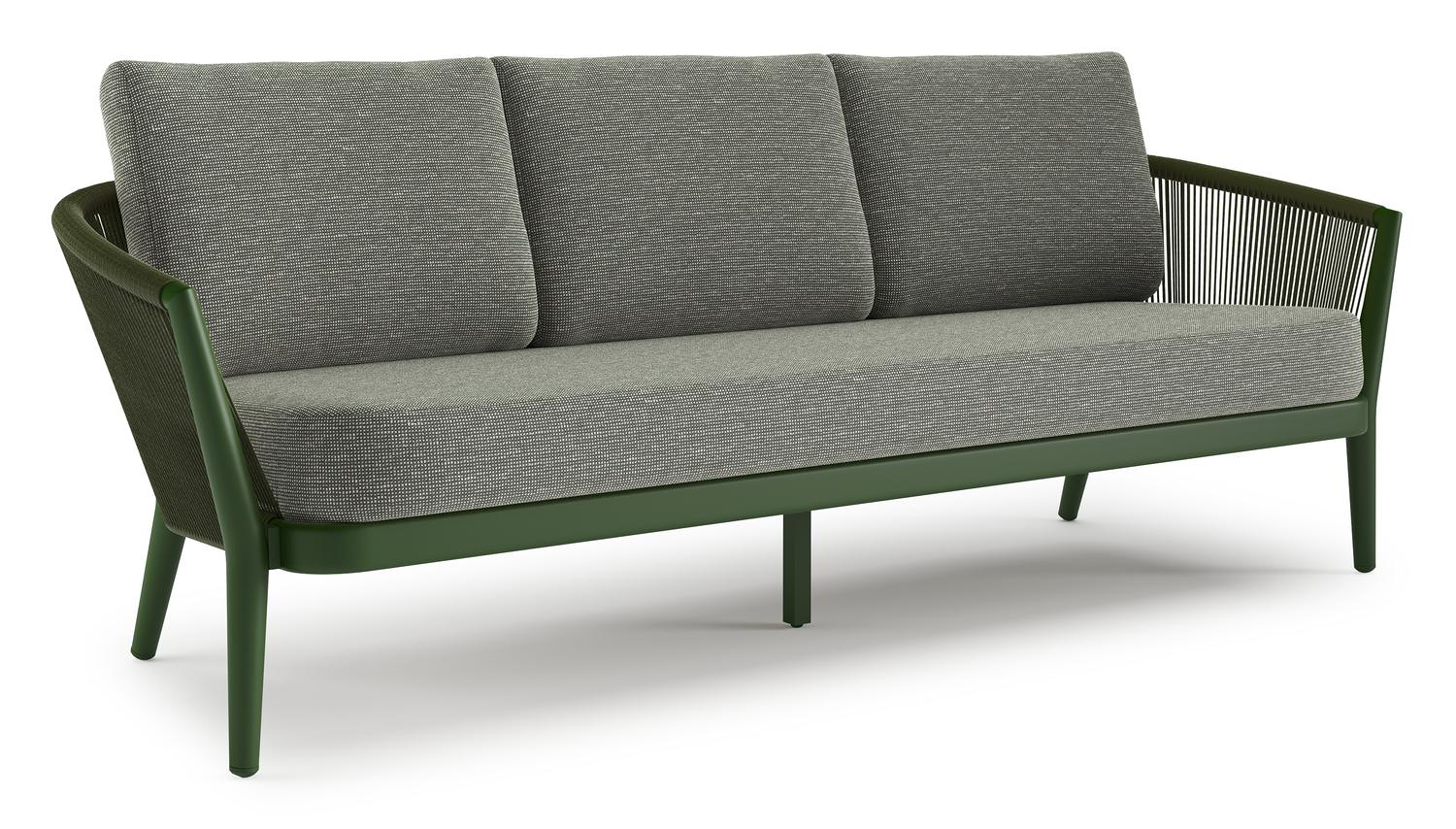 Orso loungebank in groen aluminium en groen verticaal geweven ronde rope met Slow Fern all weather sunbrella® luxe kussen