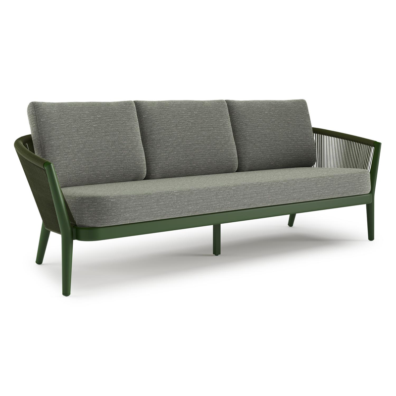 Orso loungebank in groen aluminium en groen verticaal geweven ronde rope met Slow Fern all weather sunbrella® luxe kussen
