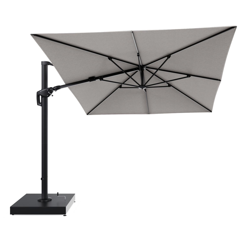 Minore zweefparasol met tiltfunctie in zwart aluminium en Tundra Sand All Weather Sunbrella® Luxe parasoldoek - L1 400 x L2 300 cm met parasolvoet Minore 260 kg met wielen