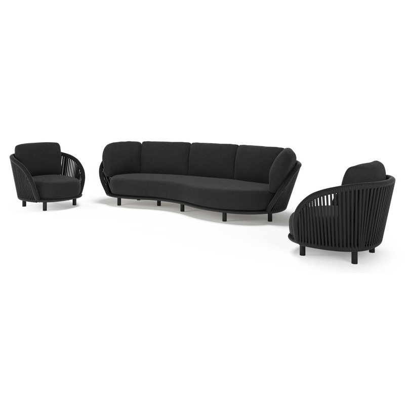 Lupino loungeset in zwart aluminium en zwart verticaal geweven luxe vlakke brede rope met chartres sooty all weather sunbrella® luxe kussen