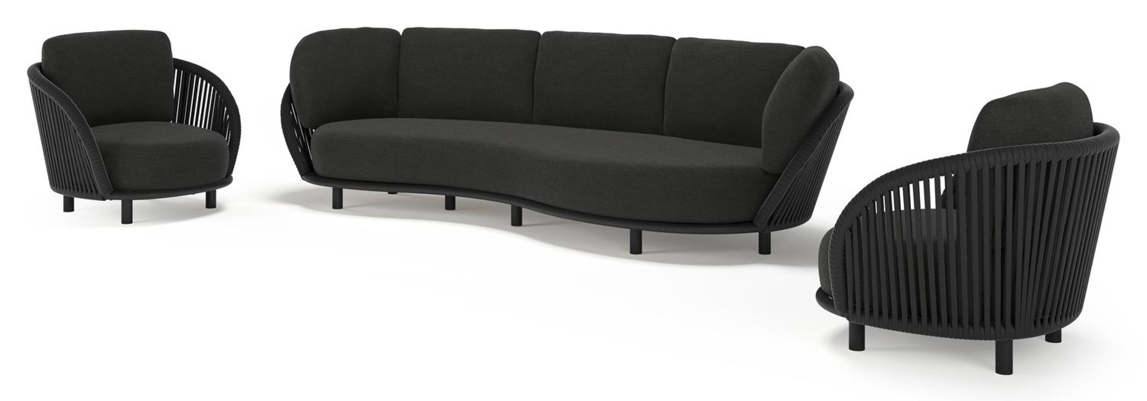 Lupino loungeset in zwart aluminium en zwart verticaal geweven luxe vlakke brede rope met chartres sooty all weather sunbrella® luxe kussen