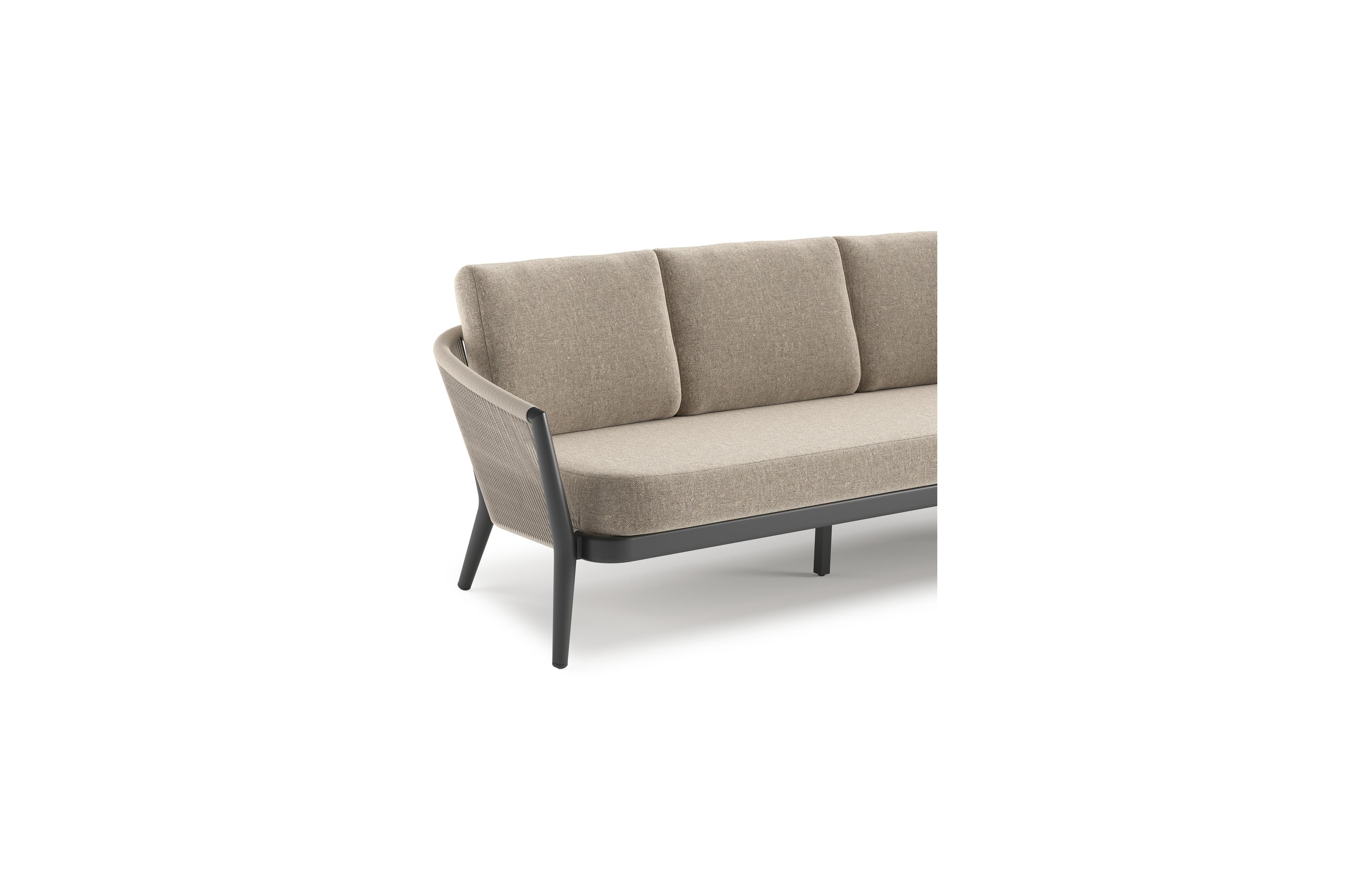 Orso loungeset in zwart aluminium en beige verticaal geweven ronde rope met Chartres Pewter all weather sunbrella® luxe kussen