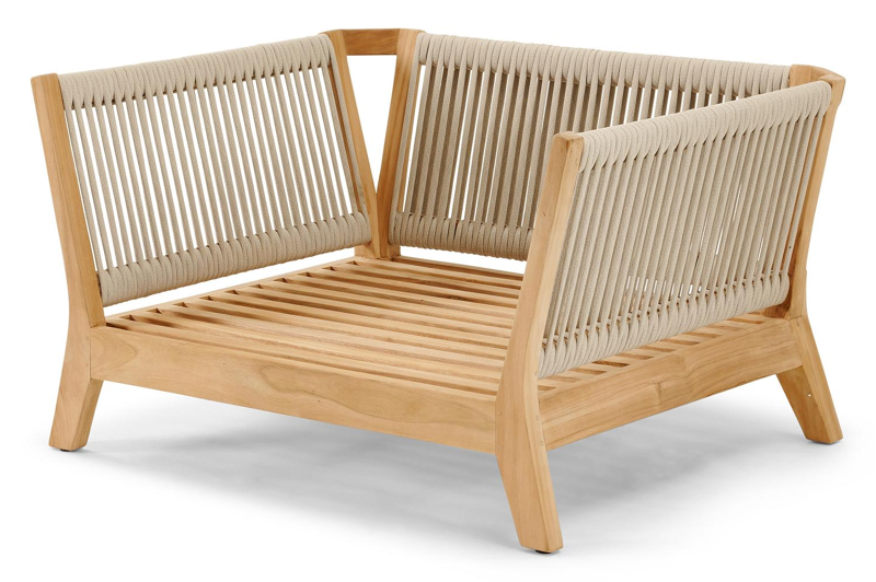 Cosito loungestoel 1-zit in teak en beige verticaal geweven luxe vlakke rope met bora forest All Weather Cosytica kussen