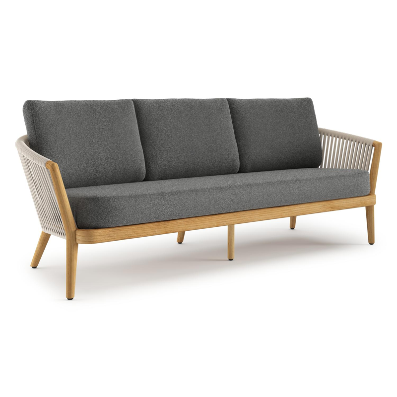 Orso loungebank in teak en beige verticaal geweven luxe vlakke rope met Catania Black all weather cosytica kussen