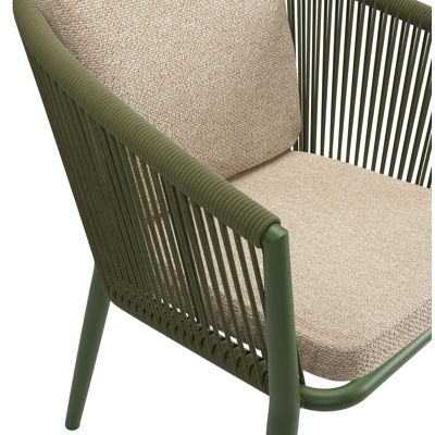 Orso tuinstoel in groen aluminium en groen verticaal geweven ronde rope met luxe zitkussen in All Weather Cosytica Madagascar Oak