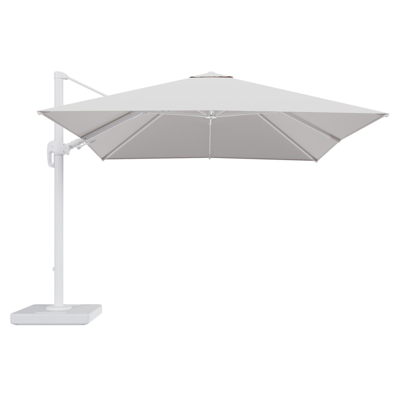 Parasol pendant Rufina avec fonction tilt en aluminium blanc et toile de parasol en All Weather Solica Ego Eggshell - Lg.1 300 x Lg.2 300 cm avec pied de parasol Lapido 160 kg