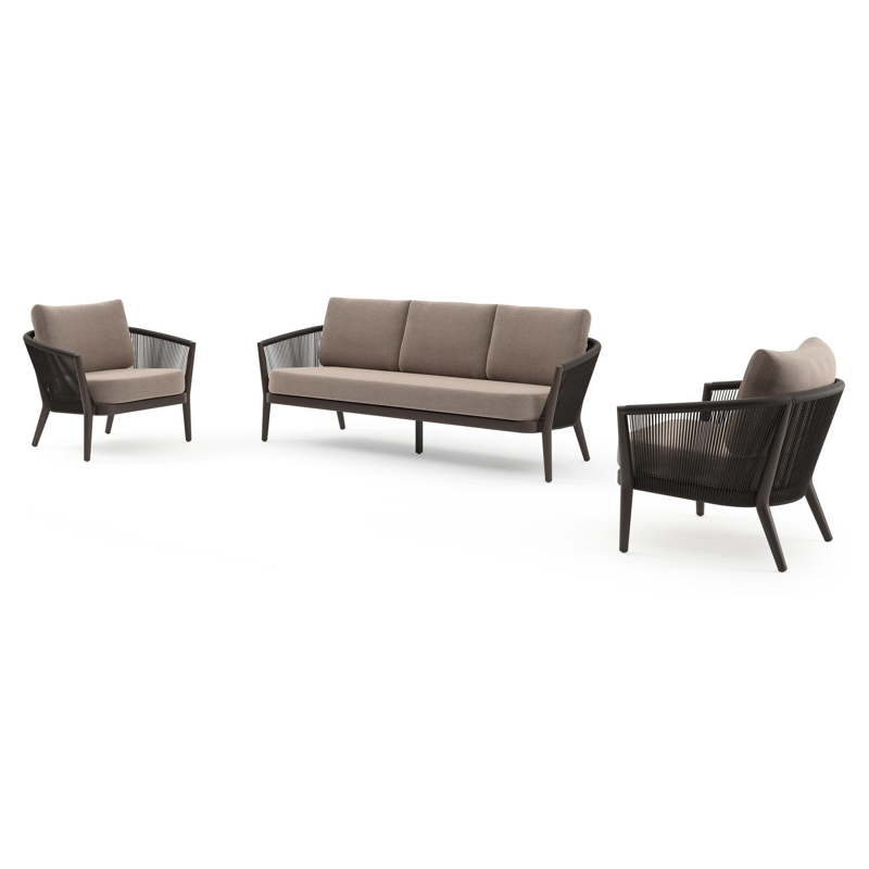 Orso loungeset in donkerbruin aluminium en donkerbruin verticaal geweven ronde rope met Savane Earth all weather sunbrella® luxe kussen