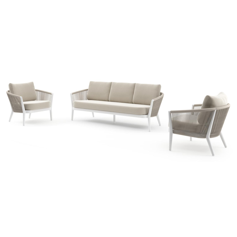 Orso loungeset in wit aluminium en beige verticaal geweven ronde rope met Lopi Marble all weather sunbrella® luxe kussen