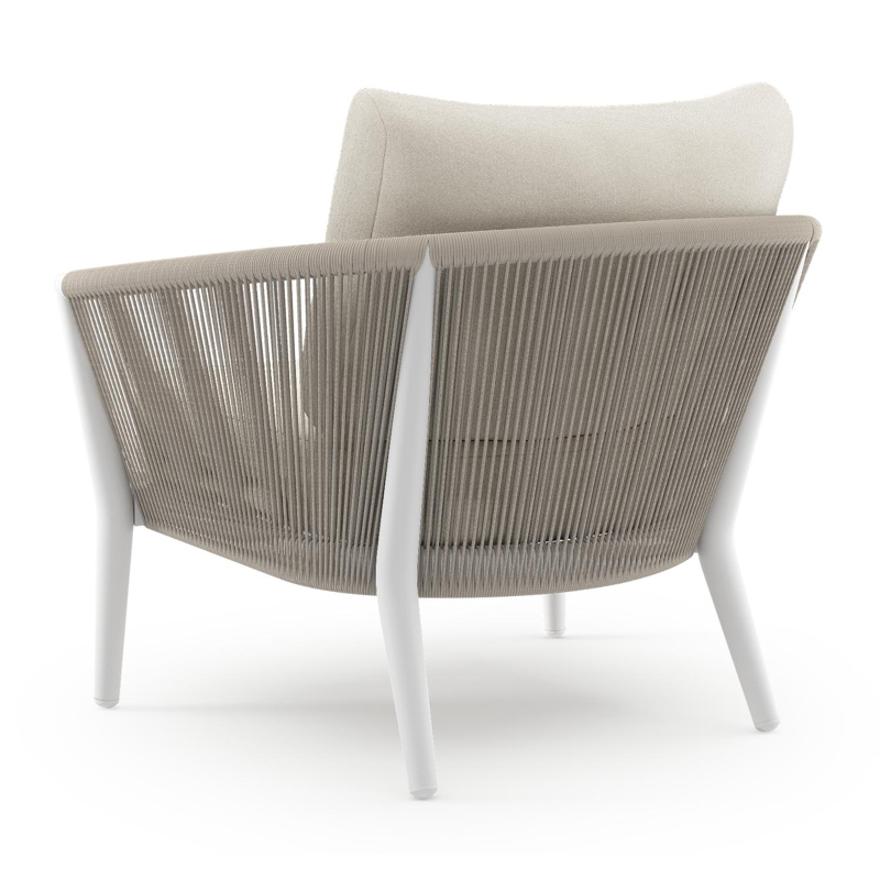 Fauteuil de jardin Orso en aluminium blanc en corde ronde tissée verticalement beige et coussins en all weather sunbrella® luxe Natte White