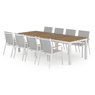 Ensemble de jardin Varese en aluminium blanc avec plateau de table en teck naturel et 8 chaises de jardin empilables Amalfi