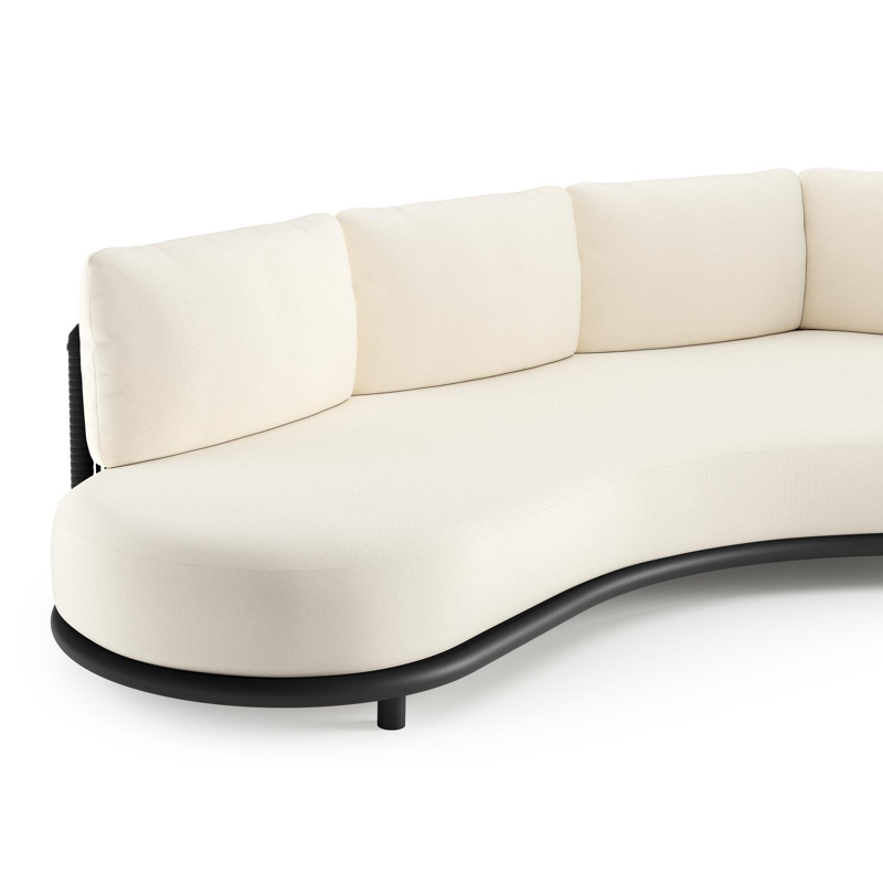 Canapé de jardin Lomano en aluminium noir et corde luxe plate tissée verticalement noir et coussins en all weather sunbrella® luxe natte white