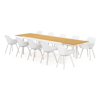 Calobra tuinset met verlengbare tafel in wit aluminium en naturel teak tafelblad met 10 Puglia tuinstoelen