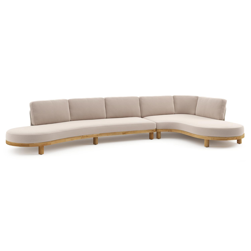 Salon de jardin d'angle Donato en teck et corde ronde tissée verticalement beige et coussins en all weather sunbrella® luxe Wander Pilat