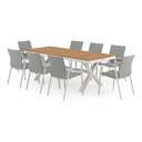 Reza tuinset in wit aluminium en teak tafelblad met 8 stapelbare Madura tuinstoelen