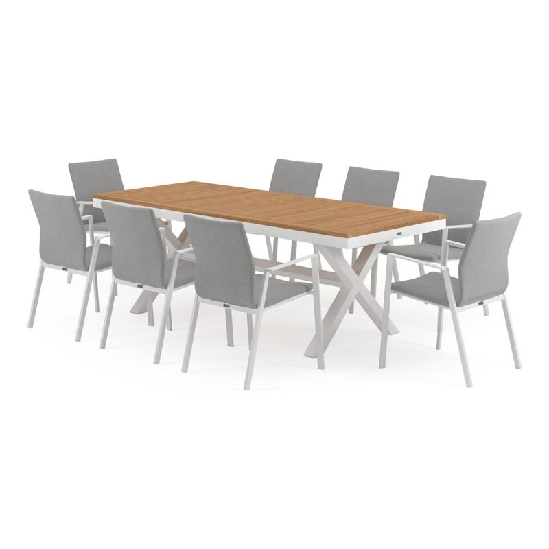 Reza tuinset in wit aluminium en teak tafelblad met 8 stapelbare Madura tuinstoelen