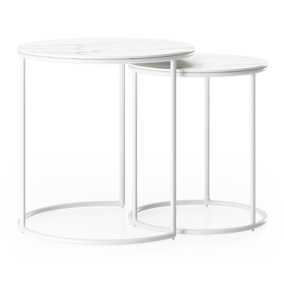Set van 2 Fano loungetafels in wit aluminium met volkeramiek Calacatta - tafel 1: dia 50 x H 50, tafel 2: dia 40 x H 45 cm