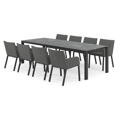 Trente tuinset in zwart aluminium en grijs keramisch glas tafelblad met 8 Rivo tuinstoelen