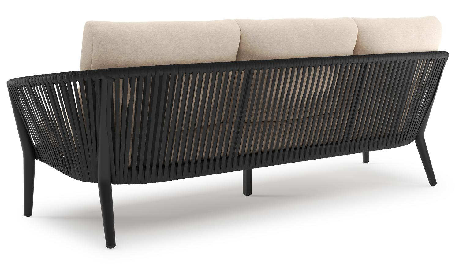 Orso loungeset in zwart aluminium en zwart verticaal geweven ronde rope met Heritage Papyrus all weather sunbrella® luxe kussen