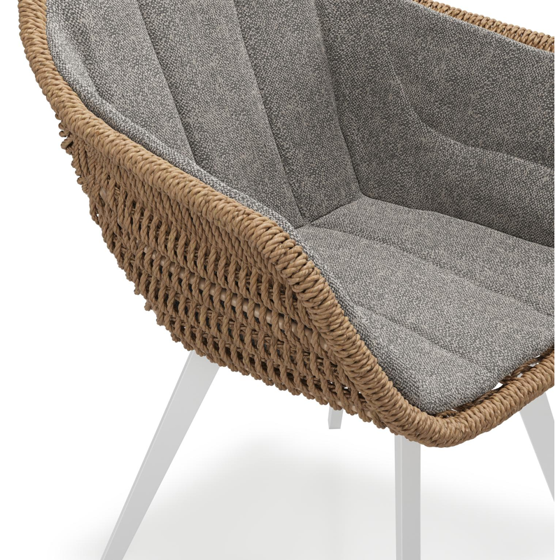 Pagino tuinstoel in wit aluminium en bruin ronde wicker met zitkussen in All Weather Sunbrella® Luxe Chartres Drizzle