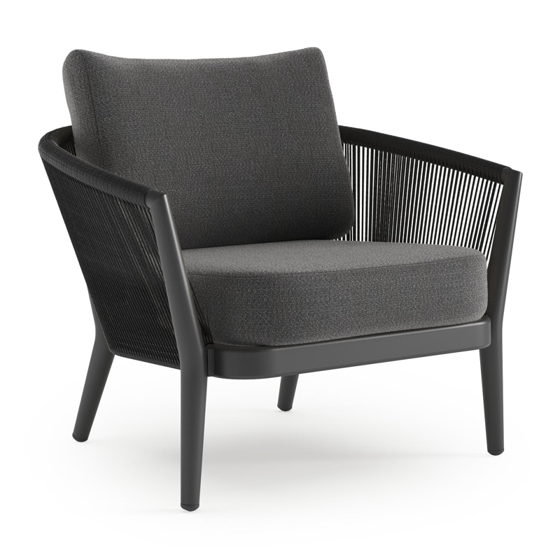 Fauteuil de jardin Orso en aluminium noir en corde ronde tissée verticalement noir et coussins en all weather sunbrella® luxe Savane Tornado