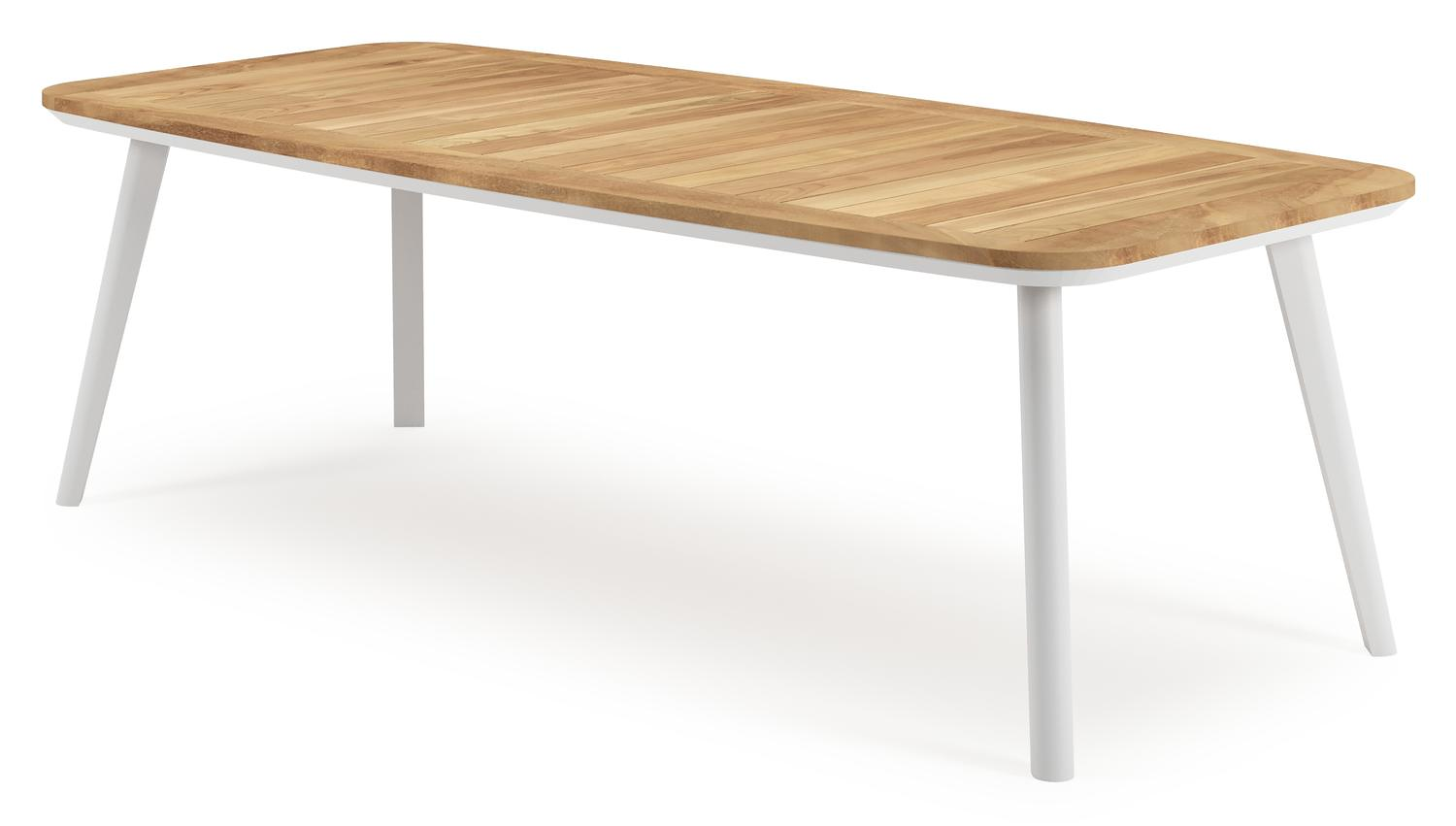 Mosa tuintafel bootvorm in wit aluminium en teak natural finish - L 240 x B 110 x H 74 cm