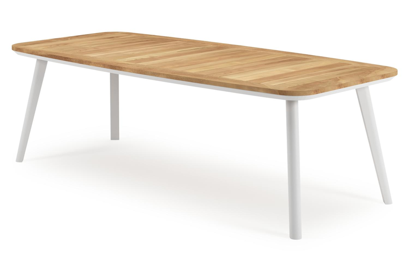 Mosa bootvormige tuinset in wit aluminium en teak natural finish met 6 Matera tuinstoelen