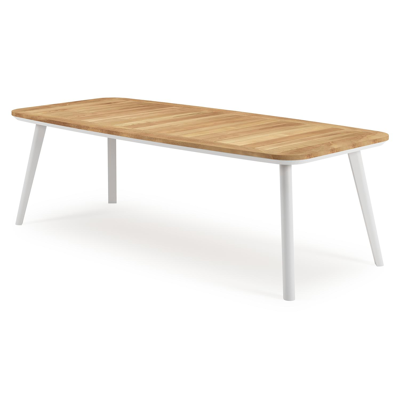 Mosa bootvormige tuinset in wit aluminium en teak natural finish met 6 Matera tuinstoelen