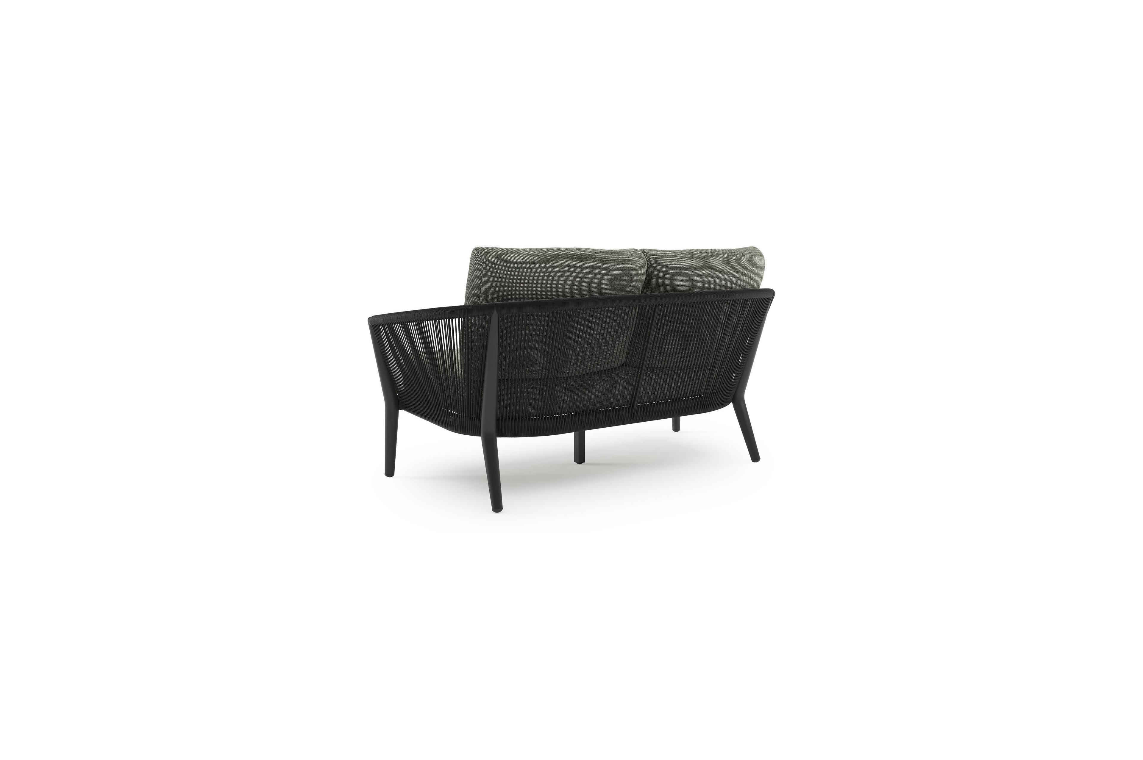 Orso loungebank in zwart aluminium en zwart verticaal geweven ronde rope met Slow Fern all weather sunbrella® luxe kussen