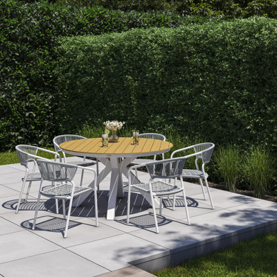 Tora tuinset in wit aluminium en naturel polywood tafelblad met 6 stapelbare Vigo tuinstoelen