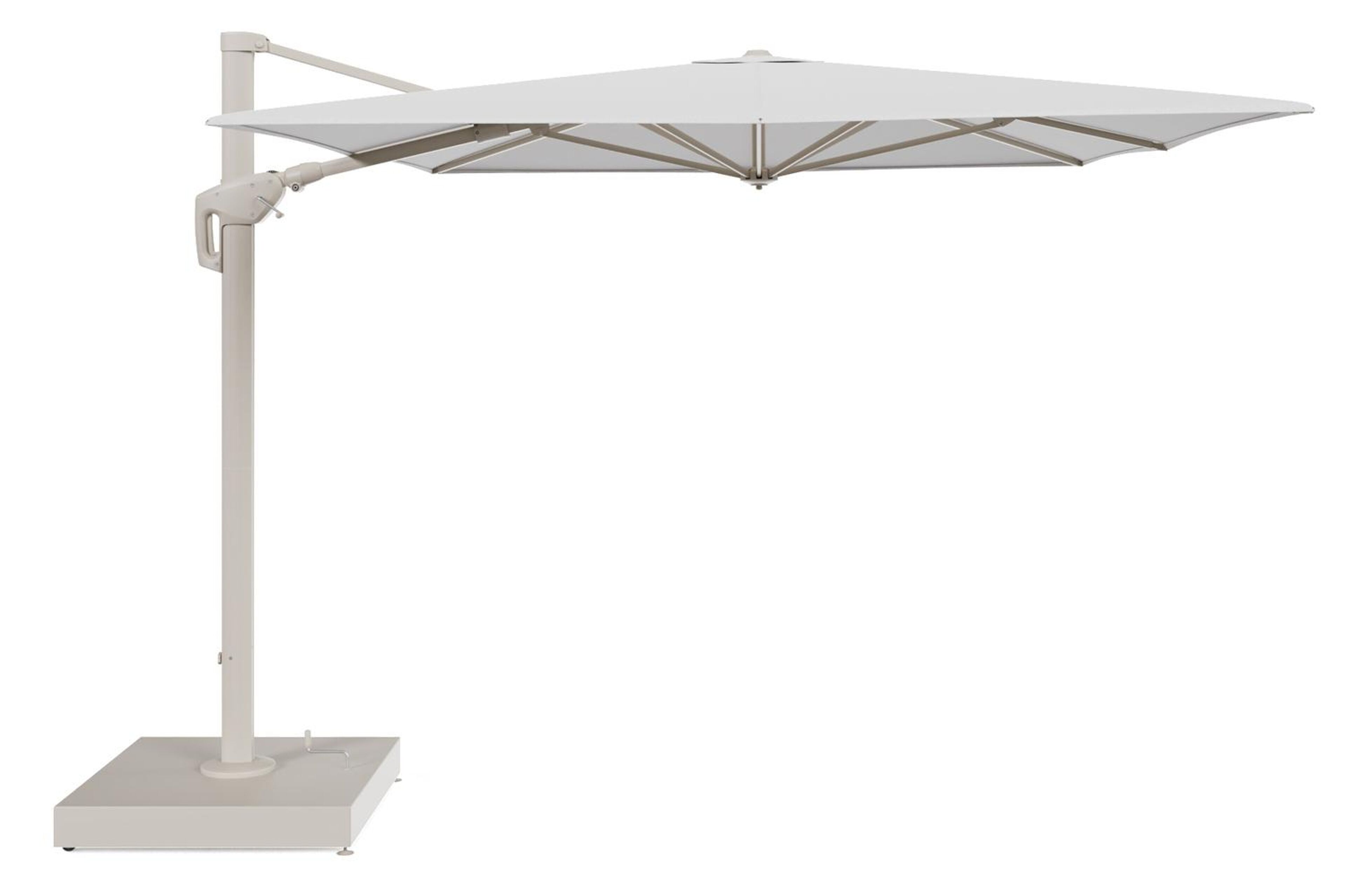 Minore zweefparasol met tiltfunctie in beige aluminium en beige All Weather Sunbrella® Premium parasoldoek - L1 400 x L2 300 cm met parasolvoet Minore 260 kg met wielen