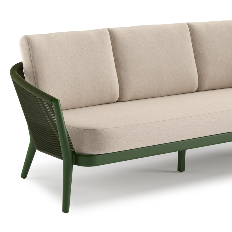 Orso loungeset in groen aluminium en groen verticaal geweven ronde rope met Heritage Ash all weather sunbrella® luxe kussen