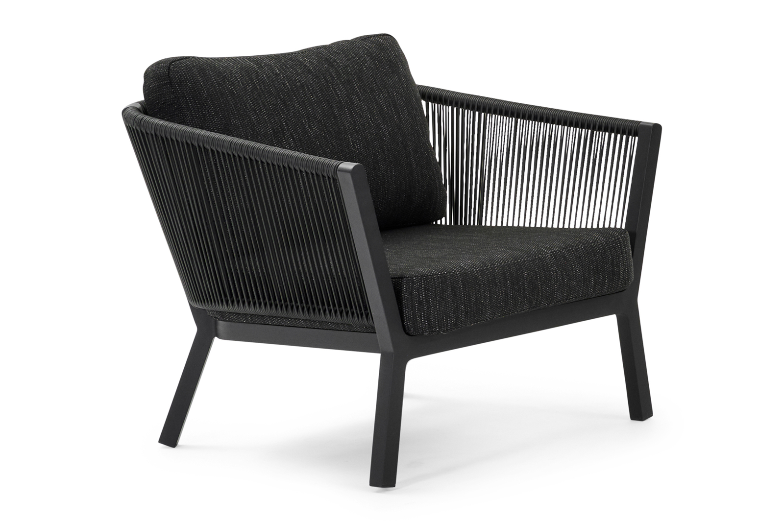 Cordoba loungestoel 1-zit in zwart aluminium en verticaal geweven ronde rope met sky black weather+ softtouch kussen