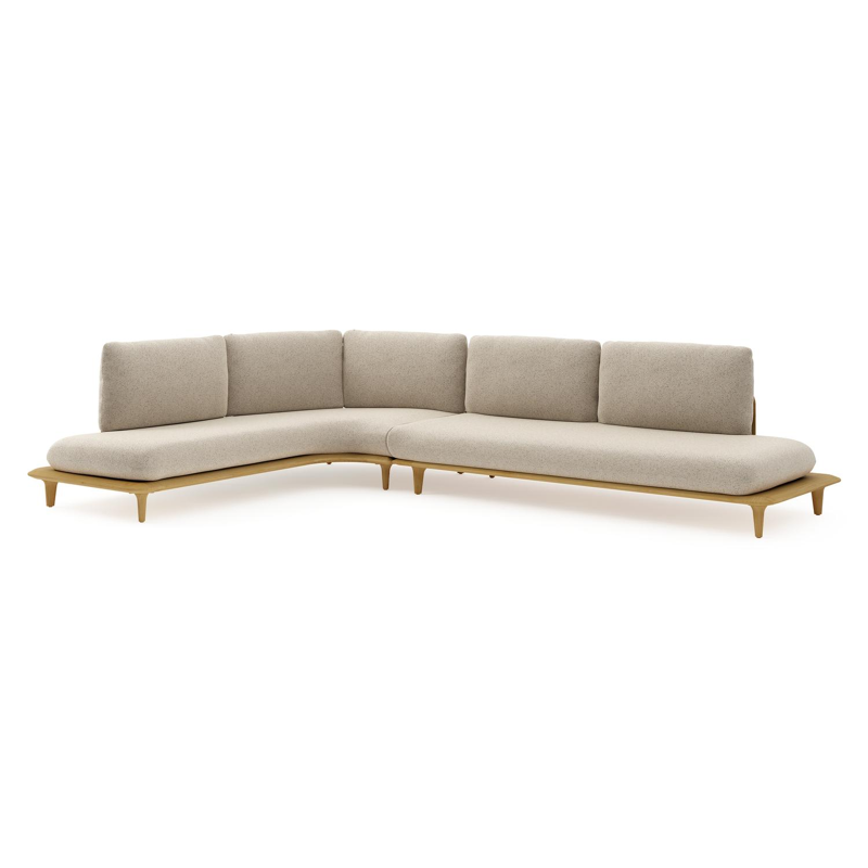 Salon de jardin d'angle Bomero en teck et coussins en all weather cosytica bora desert