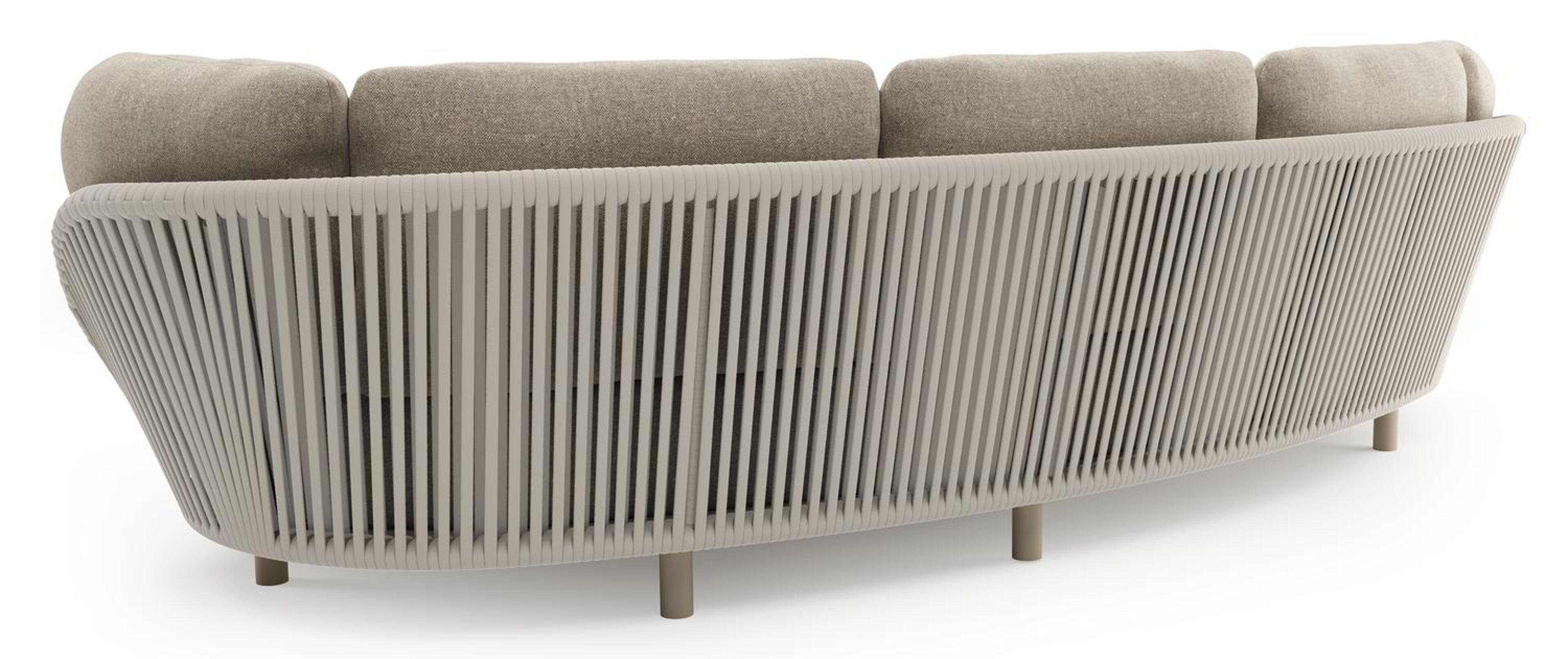 Canapé de jardin Lupino en aluminium beige et corde large plate de luxe tissée verticalement beige et coussins en all weather sunbrella® luxe chartres pewter