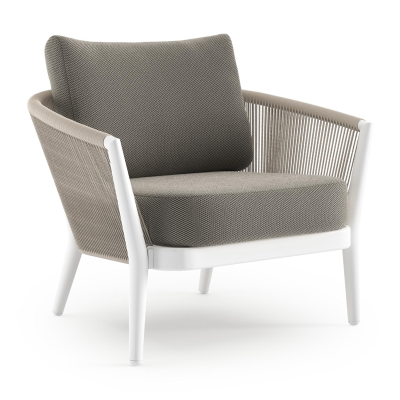 Fauteuil de jardin Orso en aluminium blanc en corde ronde tissée verticalement beige et coussins en all weather sunbrella® luxe Lopi Charcoal