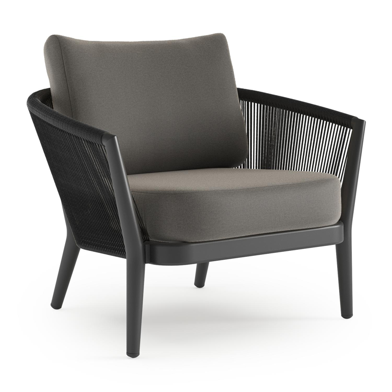 Orso loungestoel in zwart aluminium en zwart verticaal geweven ronde rope met Natte Dark Taupe all weather sunbrella® luxe kussen