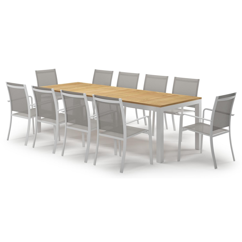 Varese tuinset in wit aluminium en naturel teak tafelblad met 10 stapelbare Calobra tuinstoelen