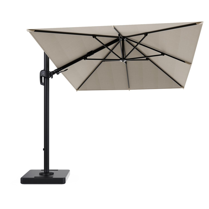 Rufina zweefparasol tiltfunctie in zwart aluminium en parasoldoek in All Weather Sunbrella® Premium Beige - L1 350 x L2 250 cm met parasolvoet Lapido 160 kg