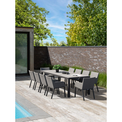 Varese tuinset in zwart aluminium en grijs volkeramiek tafelblad met 10 Rivo tuinstoelen