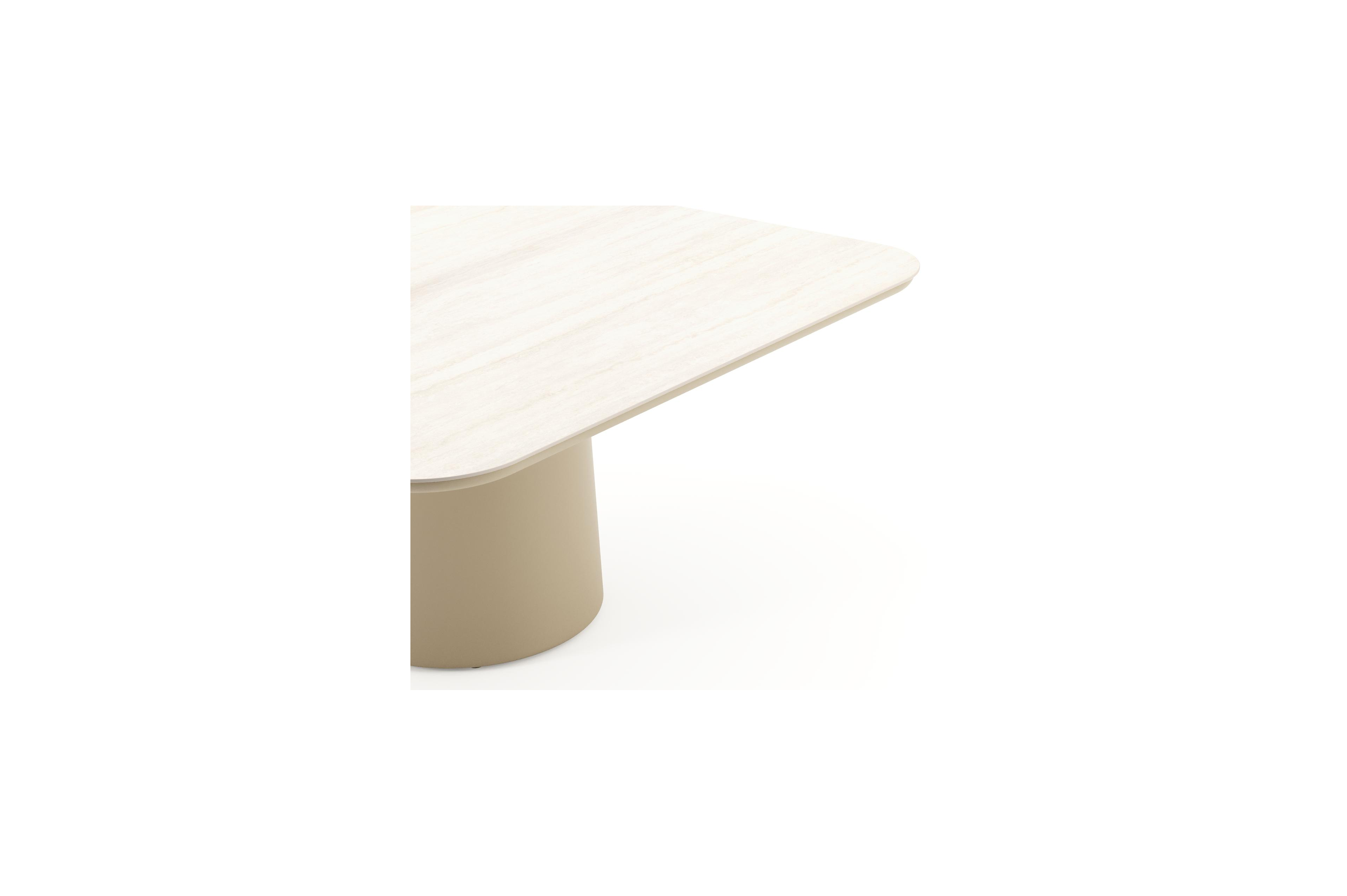 Table de jardin Amico carré arrondi en aluminium beige et céramique pleine Travertino Bianco - Lg. 148 x Lrg. 148 x Haut. 73.5 cm