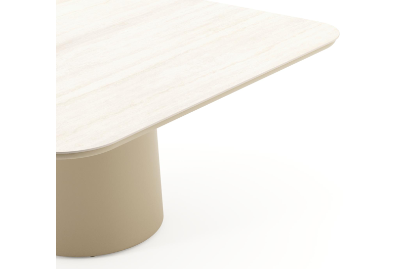 Amico tuintafel afgerond vierkant in beige aluminium en volkeramiek Travertino Bianco - L 148 x B 148 x H 73.5 cm
