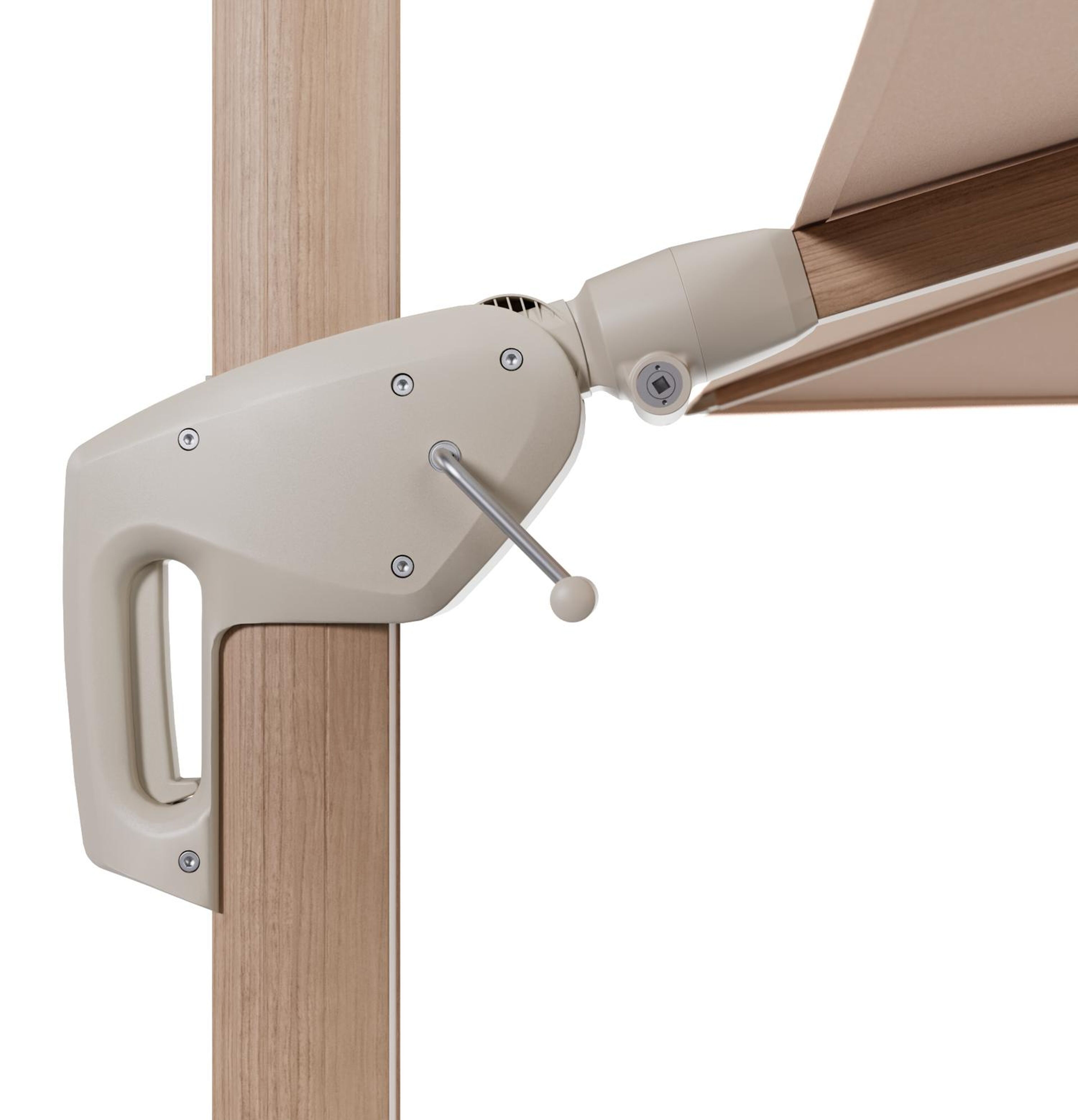 Minore zweefparasol met tiltfunctie in houtlook aluminium en Natte Linen Chalk All Weather Sunbrella® Luxe parasoldoek - L1 280 x L2 370 cm (zonder voet)