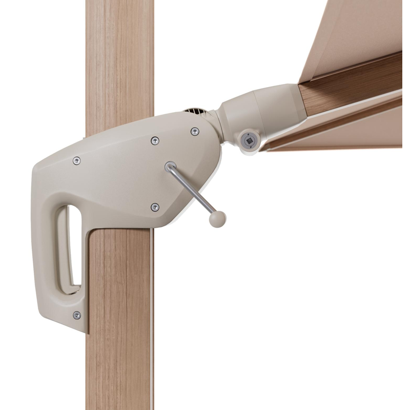 Minore zweefparasol met tiltfunctie in houtlook aluminium en Natte Linen Chalk All Weather Sunbrella® Luxe parasoldoek - L1 280 x L2 370 cm (zonder voet)
